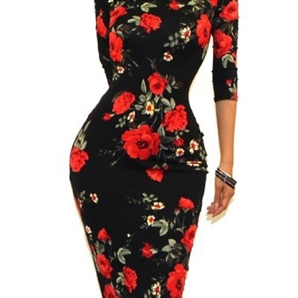 Dresses Black Fitted Dress With Roses Poshmark